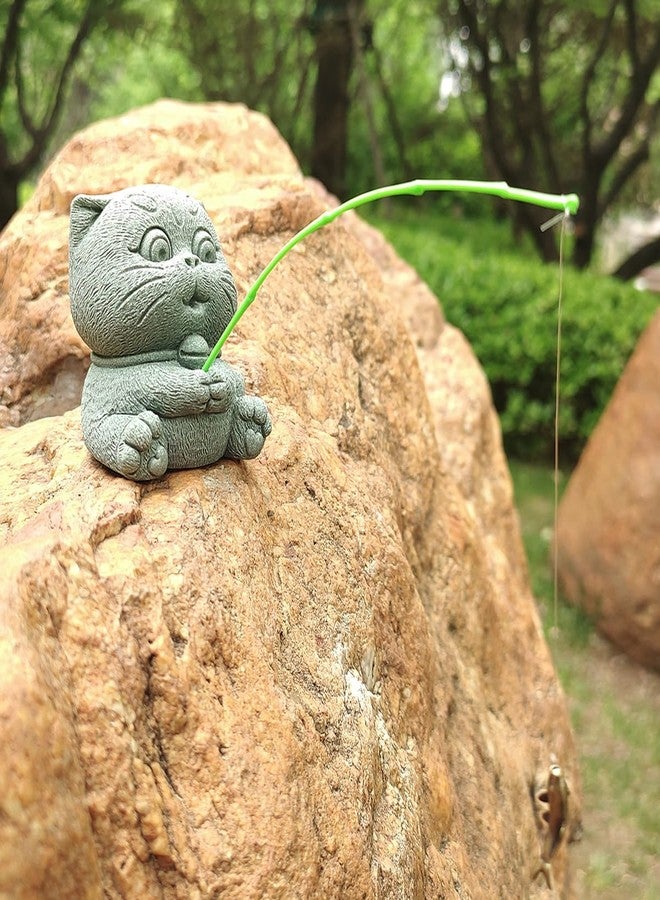 livelyfish Fishing Cat Statue Fisherman Figurines Sandstone Sculpture for Fairy Garden Aquarium Fish Tank Bonsai Decoration - Image 2